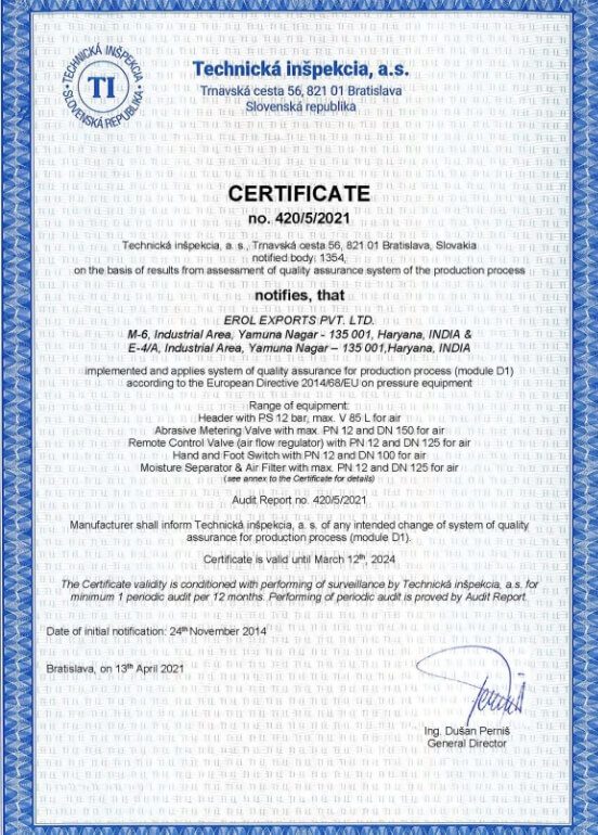 Certificate Technicka Inspekcia, a.s. 2021