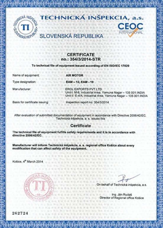 Certificate Technicka Inspekcia, a.s.