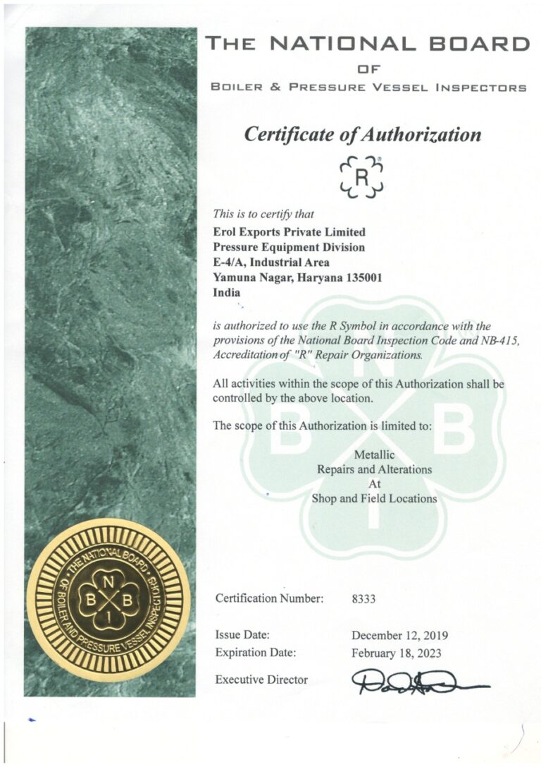 Certificate By the National Board of Boiler and Pressure Vessel Inspectors 2019